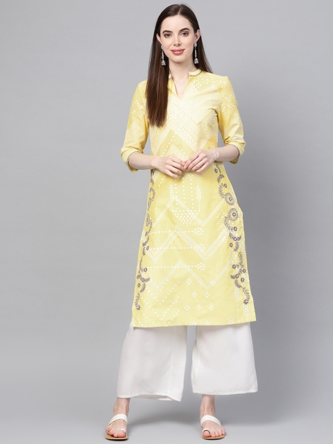 

W Women Yellow & White Printed Straight Kurta