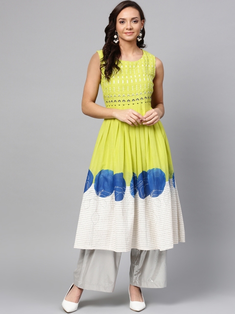 

W Women Green & White Printed A-Line Kurta