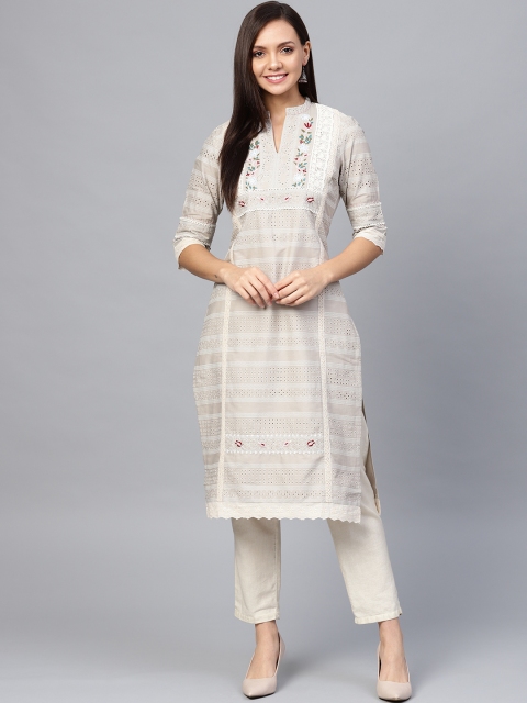 

W Women Beige & Off-White Schiffli Embroidered Straight Kurta