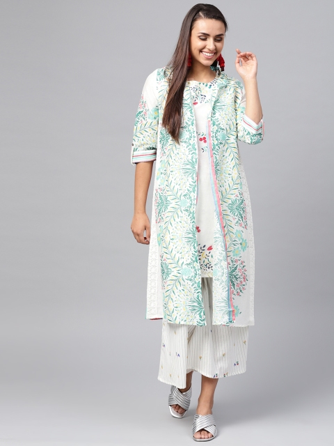 

W Women White & Green Printed Layered Kurta with Palazzos
