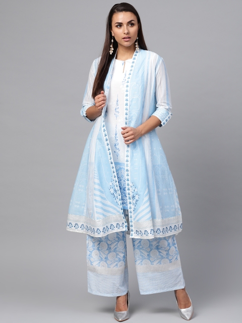 

W Women Blue & White Printed Kurta with Palazzos & Ethnic Jacket