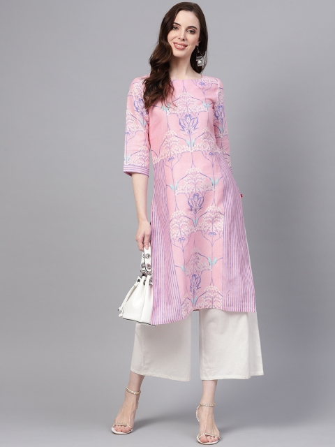 

W Women Pink & Blue Printed Straight Kurta