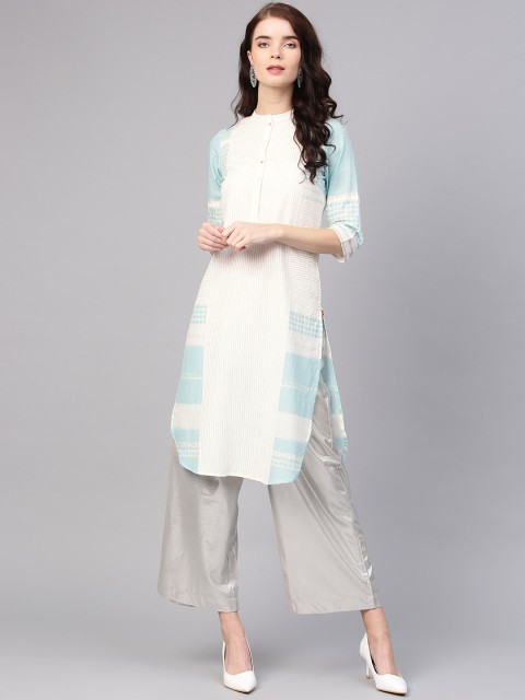 

W Women White & Blue Striped Straight Kurta
