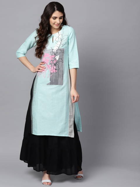 

W Women Blue & Grey Floral Print Straight Kurta
