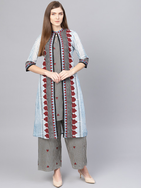 

W Women White & Black Striped Layered Kurta with Palazzos
