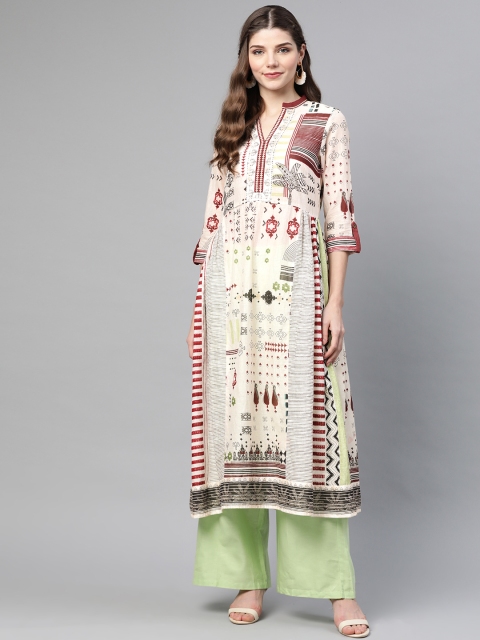 

W Women Off-White & Maroon Printed Pure Cotton A-Line Kurta