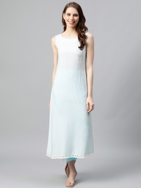 

W Women White & Blue Striped Kurta