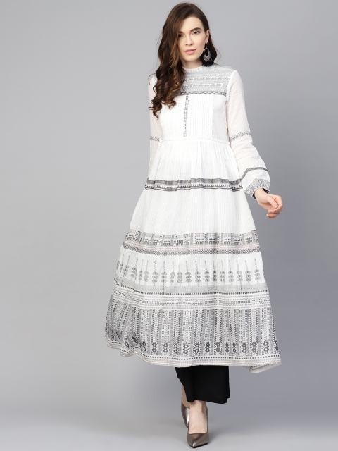 

W Women Off-White & Charcoal Grey Woven Design A-Line Kurta