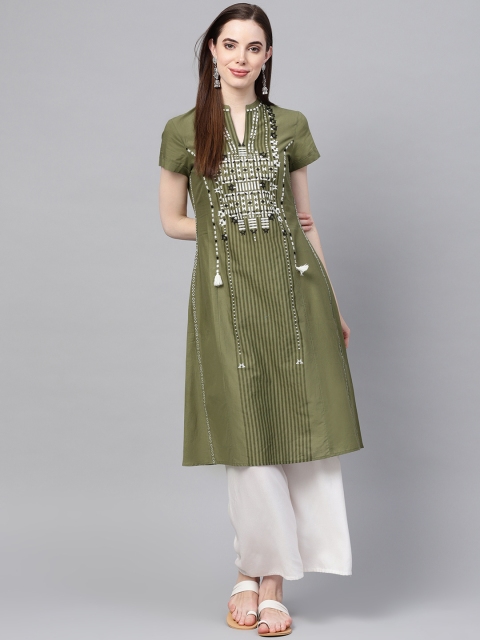 

W Women Olive Green & White Printed A-Line Kurta