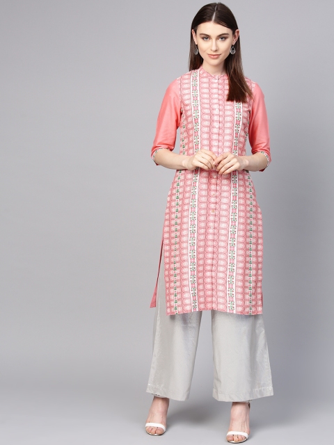 

W Women Pink & White Printed Straight Kurta