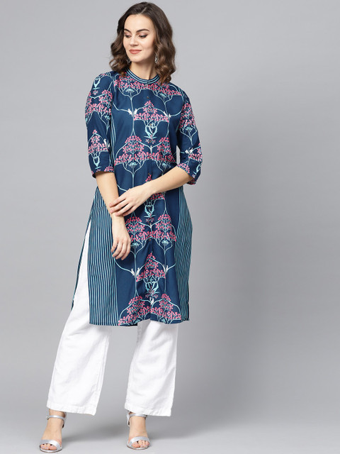 

W Women Blue & Pink Printed Straight Sustainable Kurta
