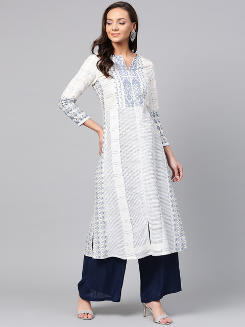 

W Women White & Blue Printed A-Line Kurta