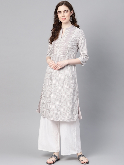 

W Women Grey & White Printed Straight Kurta