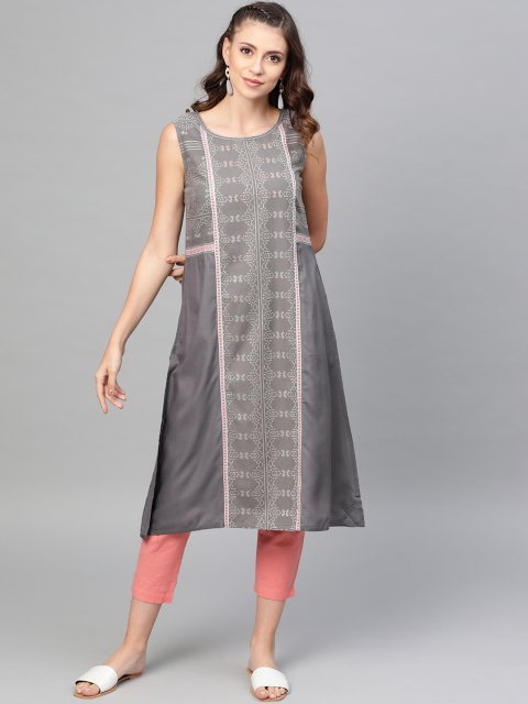 

W Women Charcoal Grey & Off-White Woven Design A-Line Kurta