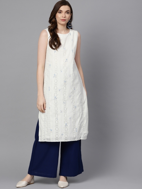 

W Women White Schiffli Embroidered Straight Kurta