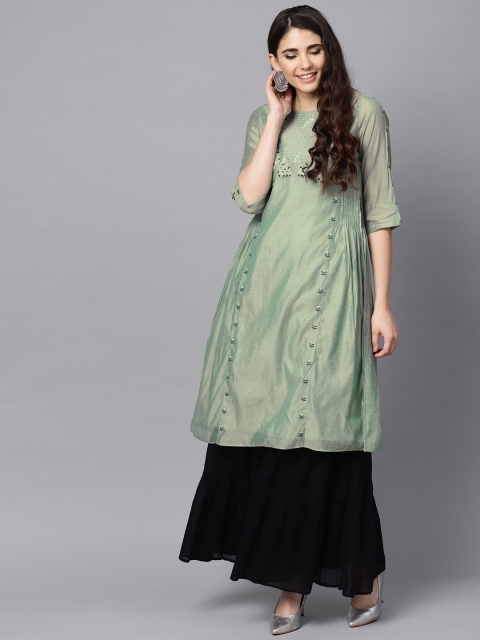 

W Women Green Embroidered A-Line Kurta