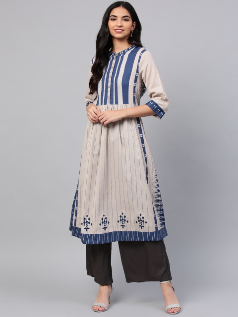 

W Women Beige & Navy Blue Striped A-Line Kurta