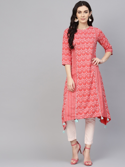 

W Women Coral Pink & White Printed A-Line Kurta