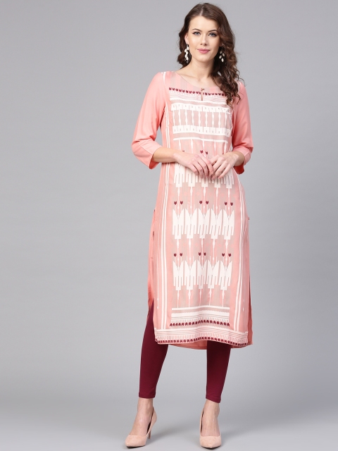 

W Women Pink & Off-White Printed Straight Kurta