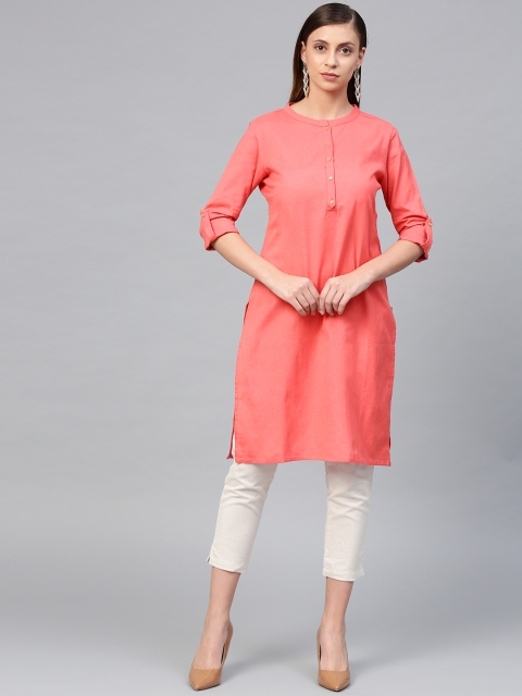 

W Women Coral Pink Solid Straight Kurta