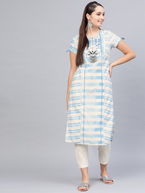 

W Women Blue & White Striped Straight Kurta