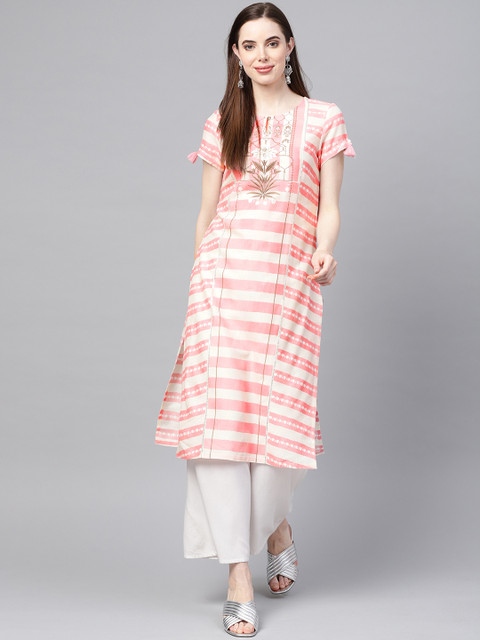 

W Women Pink & Off-White Striped Straight Kurta