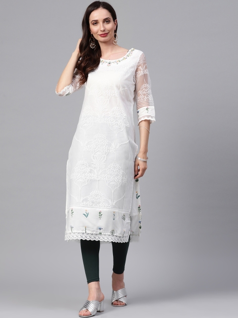 

W Women White Self-Design Straight Kurta