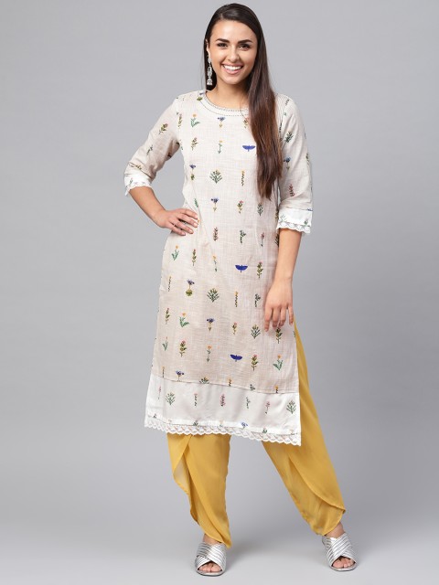 

W Women Beige Floral Printed Straight Kurta