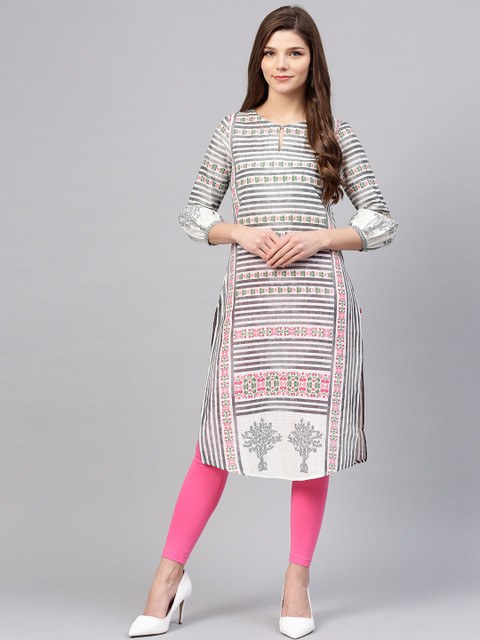 

W Women Off-White & Grey Striped Straight Kurta