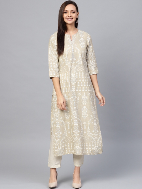 

W Women Beige & Off-White Printed Straight Kurta