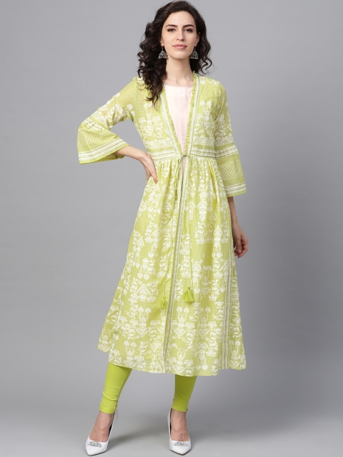 

W Women Green & Off-White Printed Straight Kurta With Layer