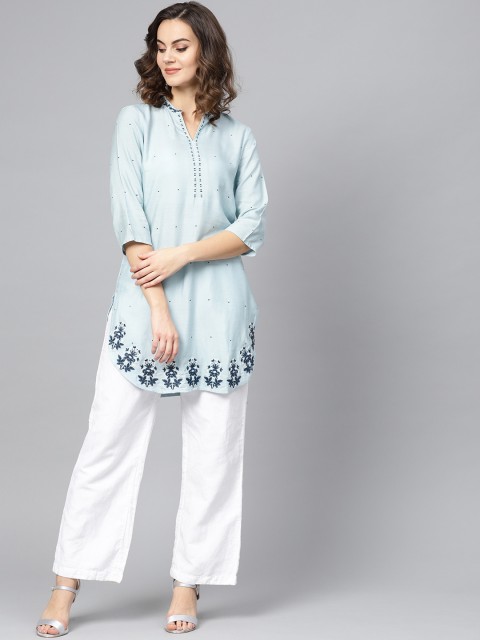 

W Women Blue Embroidered A-Line Kurta