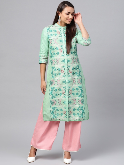 

W Women Green & Pink Printed Straight Kurta
