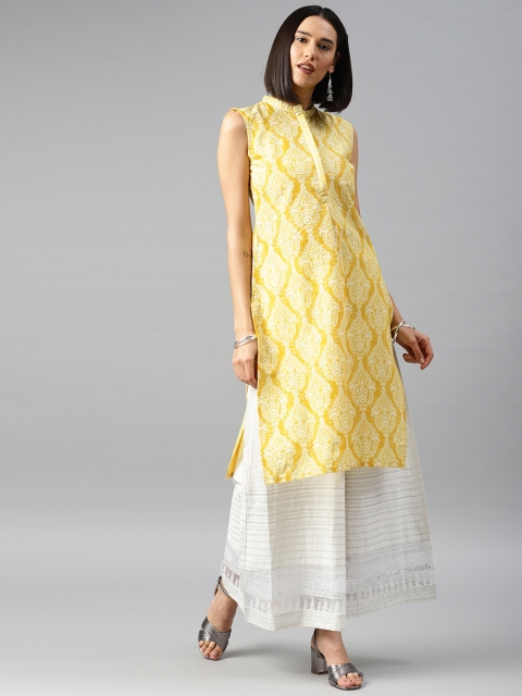 

W Women Yellow & White Printed Straight Kurta