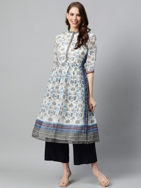 

W Women White & Blue Ethnic Motifs Printed A-Line Kurta
