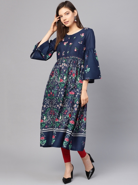 

W Women Navy Blue & Green Floral Printed A-Line Kurta
