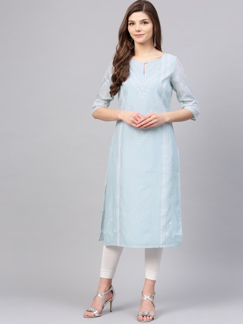 

W Women Blue & White Printed Striped Straight Kurta