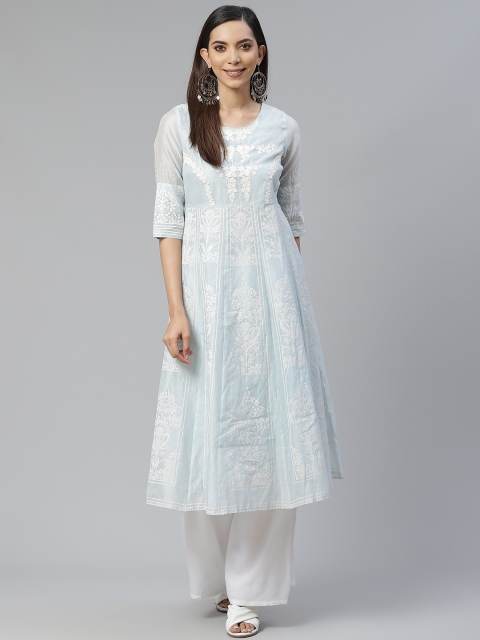 

W Blue & Off-White Ethnic Motifs Printed A-Line Kurta