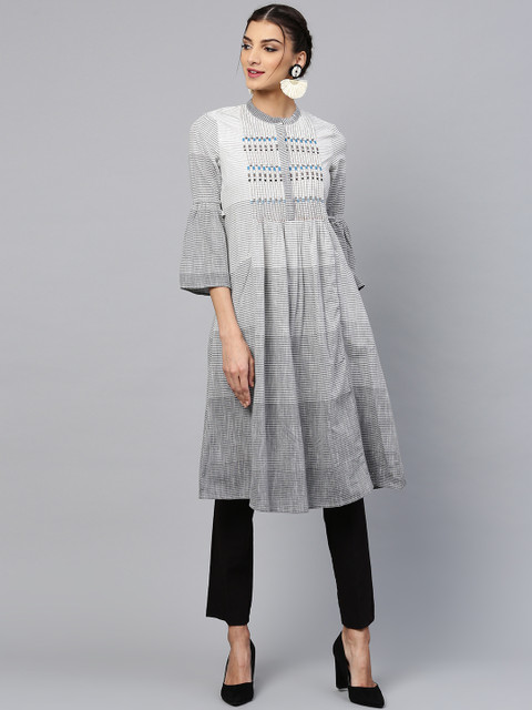 

W Women Grey & White Self-Striped A-Line Kurta