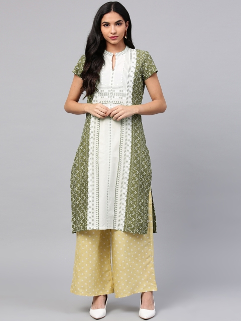 

W Women Olive Green & White Printed Straight Kurta