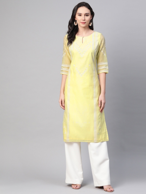 

W Women Yellow & White Printed Straight Kurta