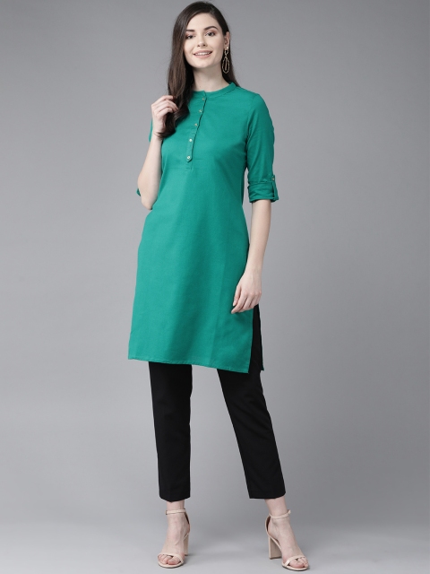 

W Women Green Solid Straight Kurta