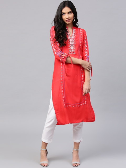 

W Women Coral Pink Yoke Design Straight Kurta