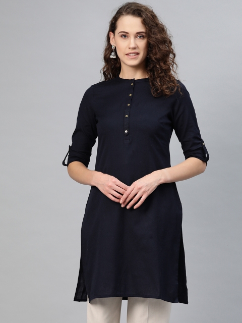 

W Women Navy Blue Solid Straight Kurta