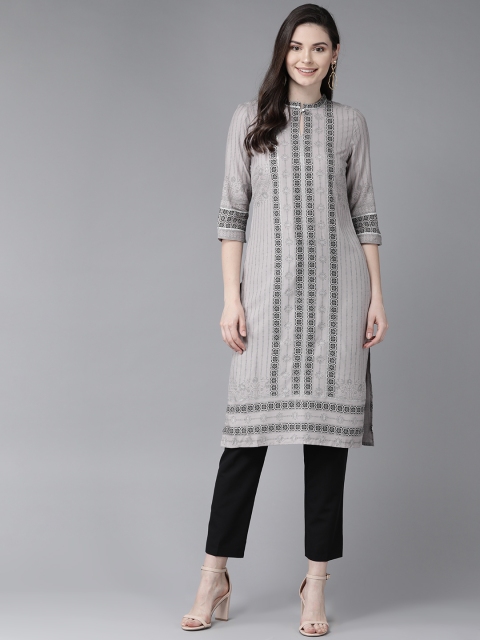 

W Women Grey & Black Printed Straight Kurta