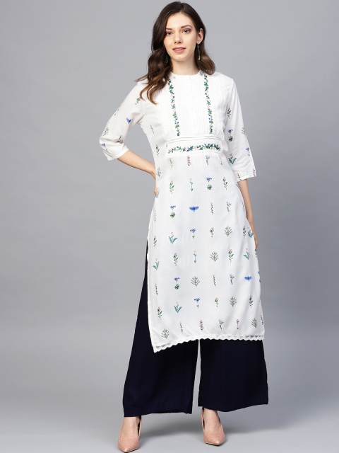 

W Women White Floral Printed Straight Kurta