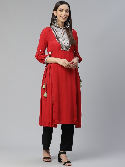 

W Women Red Yoke Design A-Line Kurta