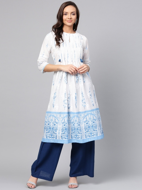 

W Women White & Blue Printed A-Line Kurta