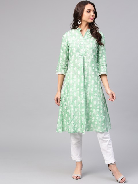 

W Women Green & White Printed A-Line Kurta
