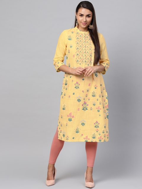 

W Women Yellow & Blue Printed Straight Kurta